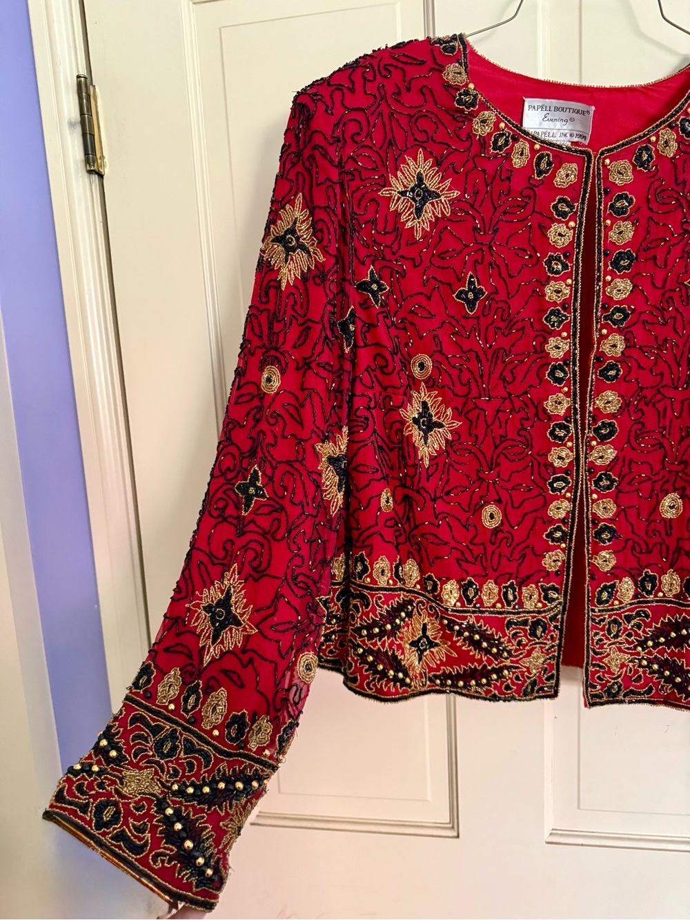 Papell Boutique Red Beaded Embroidered Jacket with Gold & Black Accents